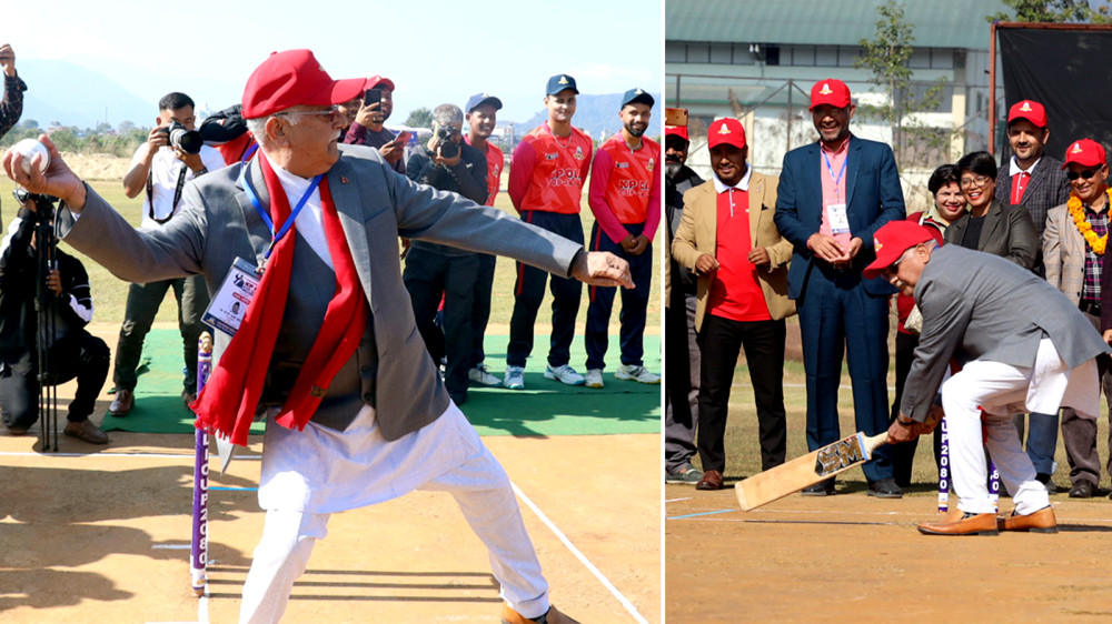 ‘केपी ओली कप’ उद्घाटनमा ओलीको बलिङ र ब्याटिङ