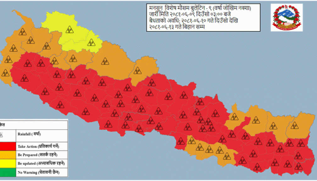 आजदेखि मौसमः सुदूरका तीन सहित ५६ जिल्ला ’रेड जोन’मा