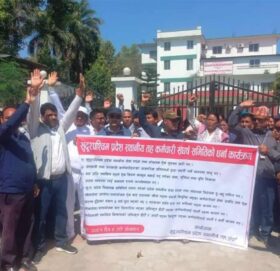 स्थानीय सेवा ऐन तत्काल जारी गर्न माग गर्दै मुख्यमन्त्री कार्यालय अगाडि धर्ना